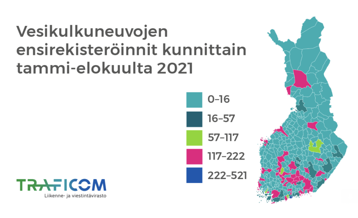 Traficom: Ensirekisteröinnit kunnittain 1–8/2021