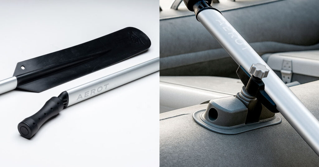 Komposiitista ja alumiinista valmistetut Päijän Aerot -airot sekä aero käytössä kumiveneessä. 