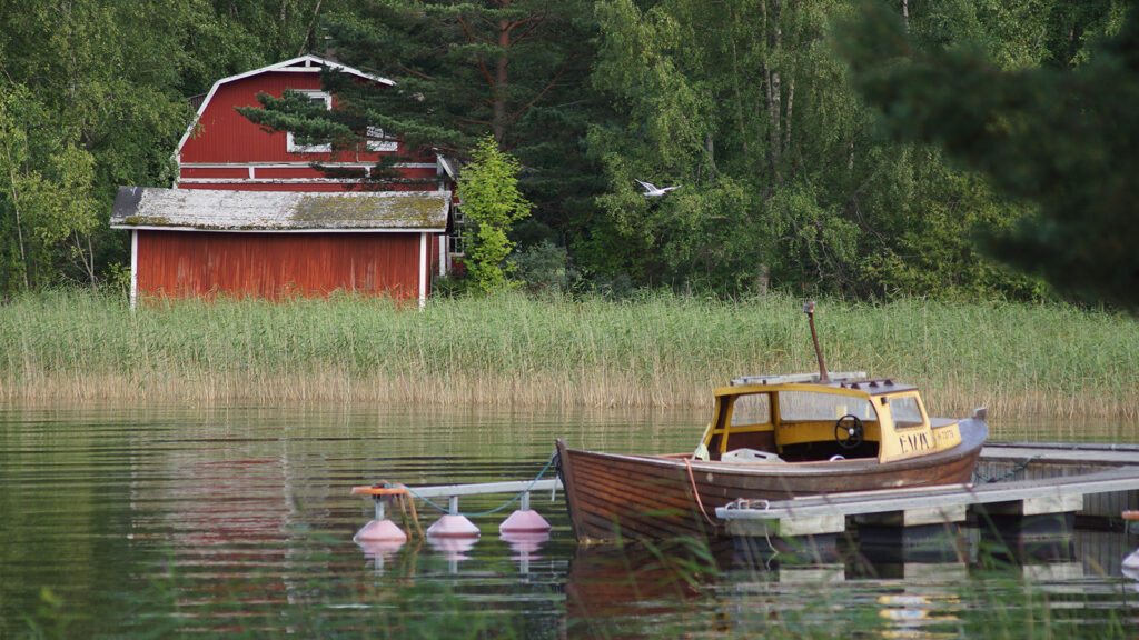 Puuvene Padasjoen satamassa Päijänteellä, taustalla kaislikkoinen ranta